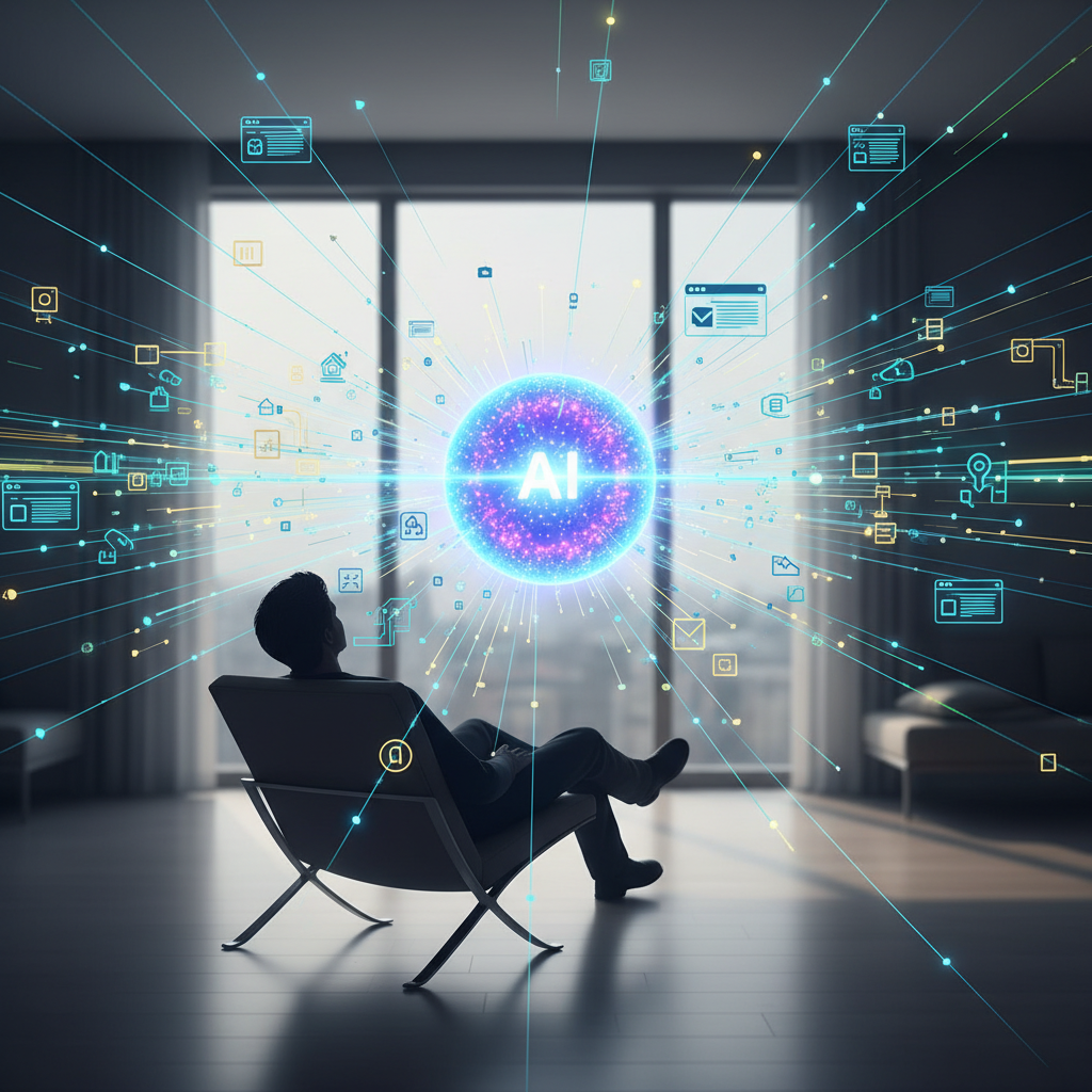 A conceptual illustration of a human silhouette sitting back relaxed while a glowing AI agent represented as a luminous 