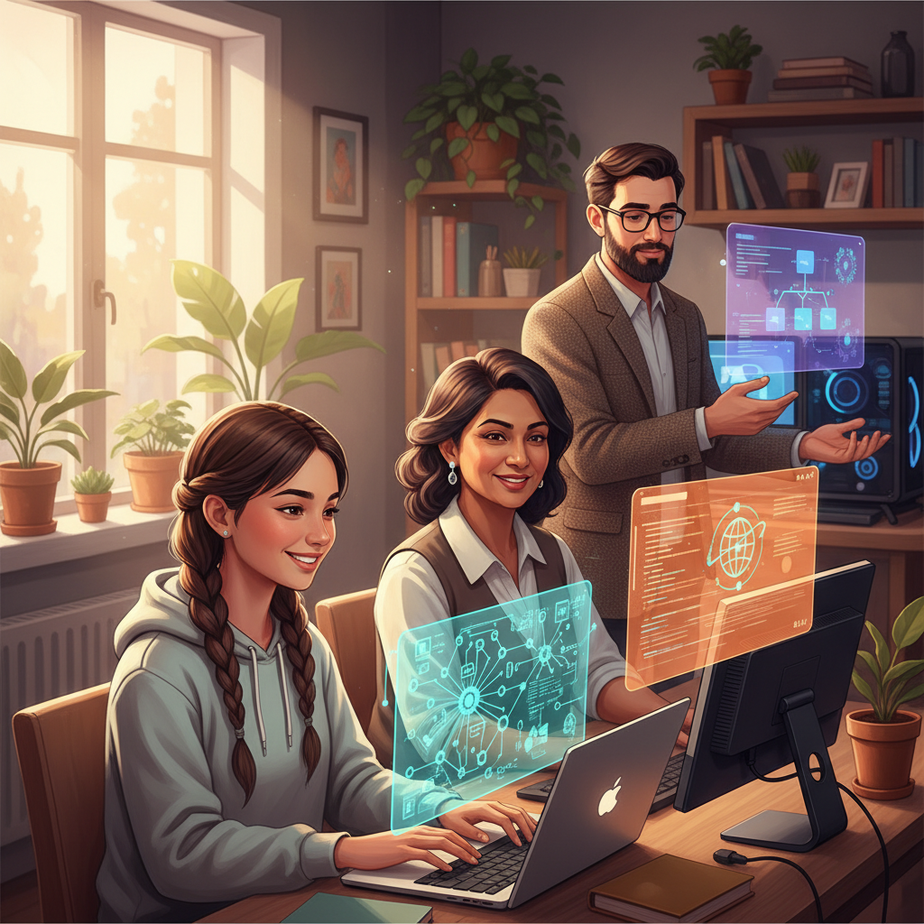 A diverse group of people — a student, a small business owner, a researcher — each working on modest laptop computers an