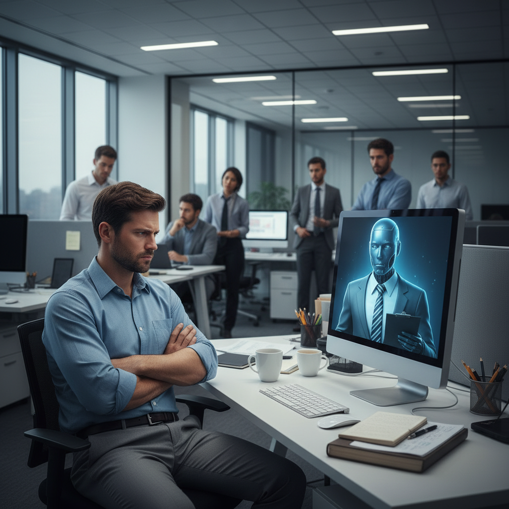 A conceptual illustration showing a human employee at a desk looking uncomfortable and skeptical at a computer screen di