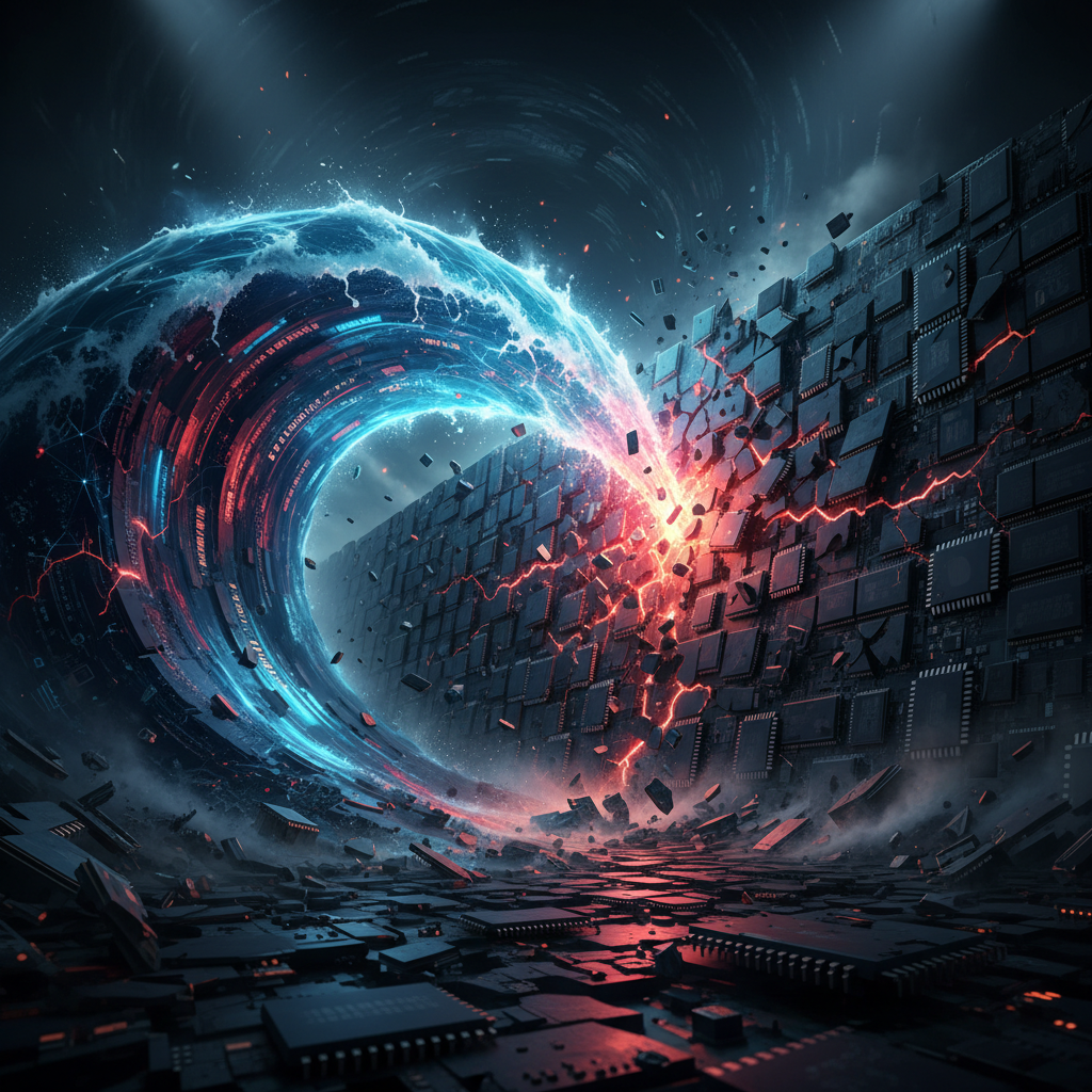 A dramatic visual metaphor showing a massive wave of data and AI neural network patterns crashing against a wall of RAM 