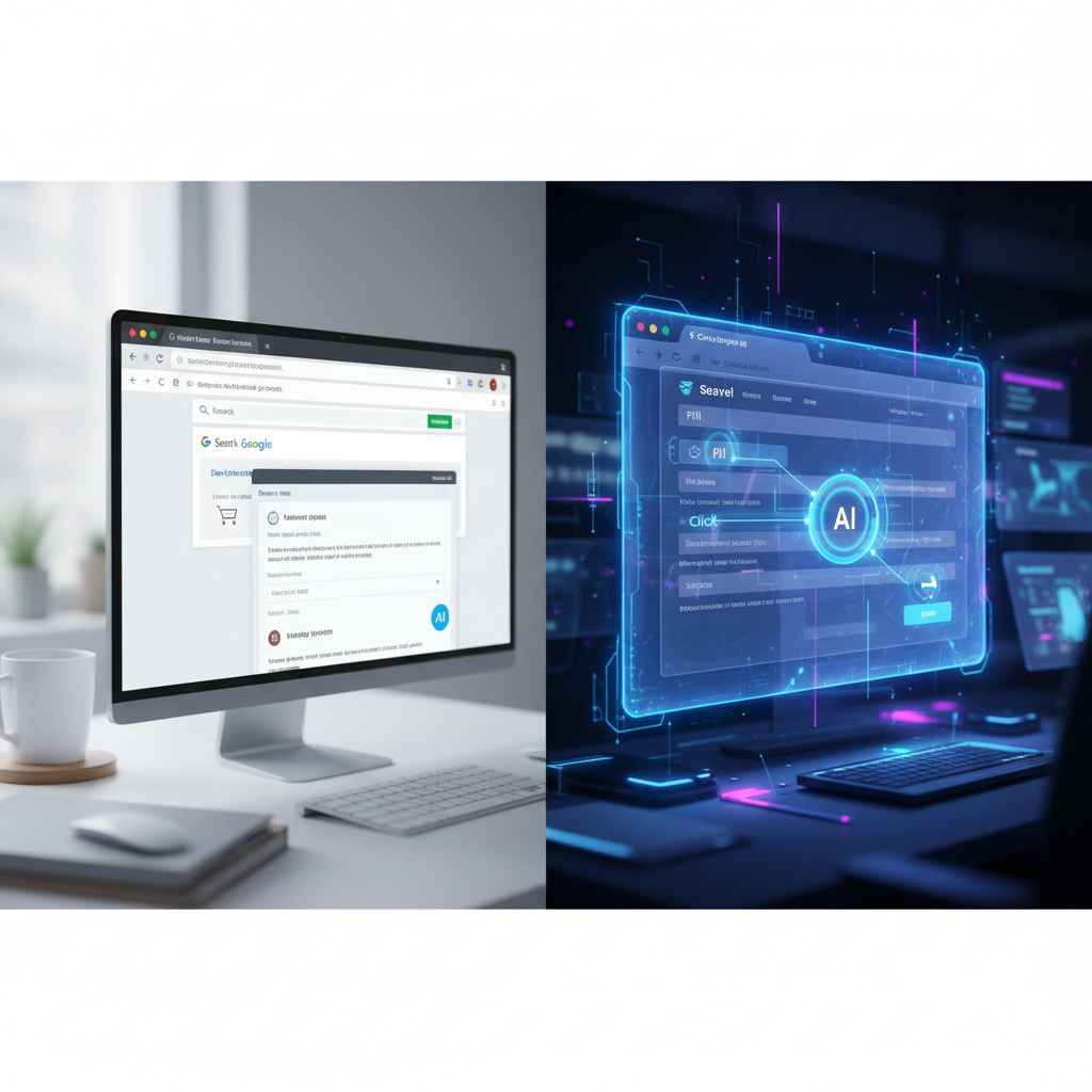 A split-screen illustration showing on the left a traditional browser with a passive AI chatbot assistant, and on the ri