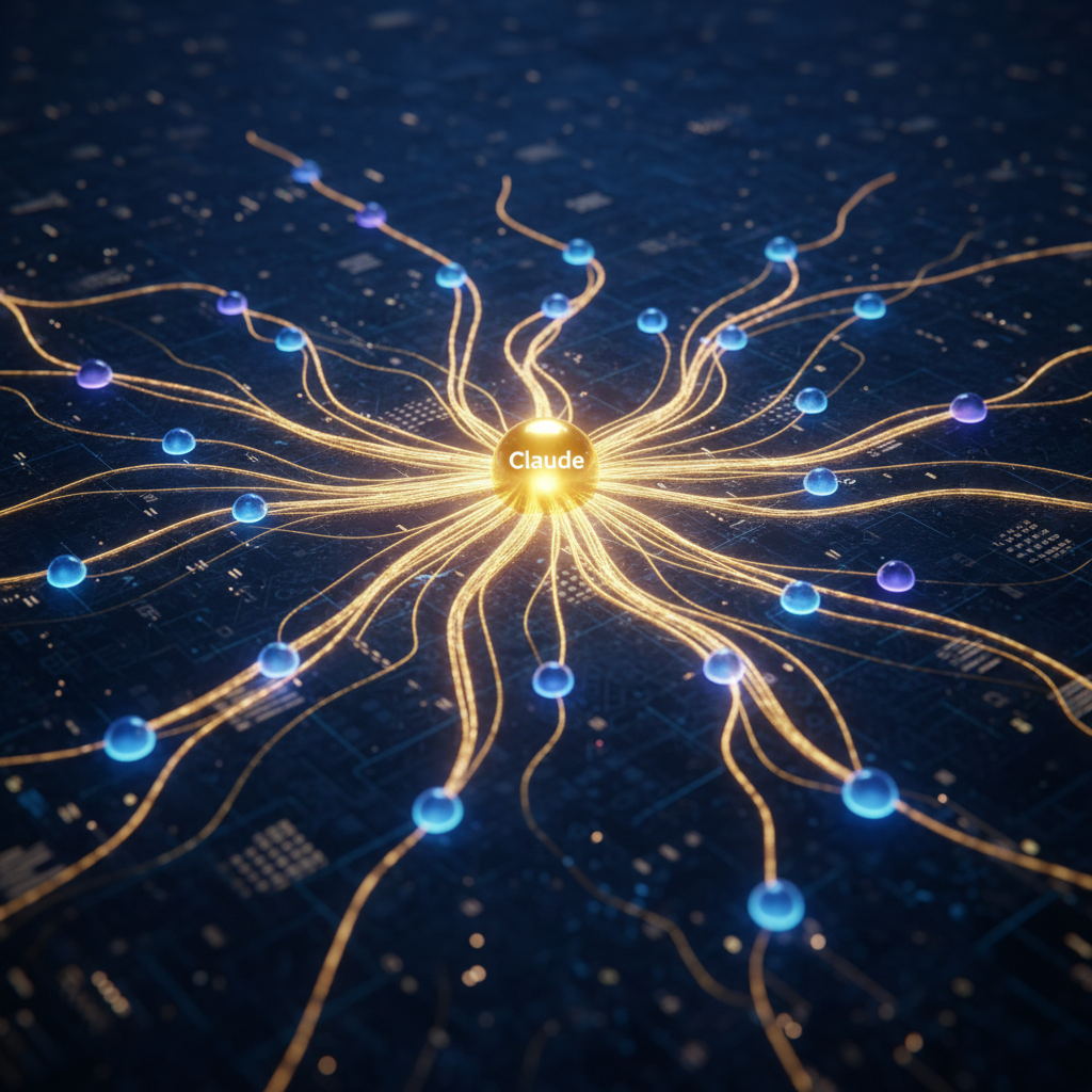 An abstract visualization of the LLM market maturing: multiple glowing nodes representing different AI models (Claude, C
