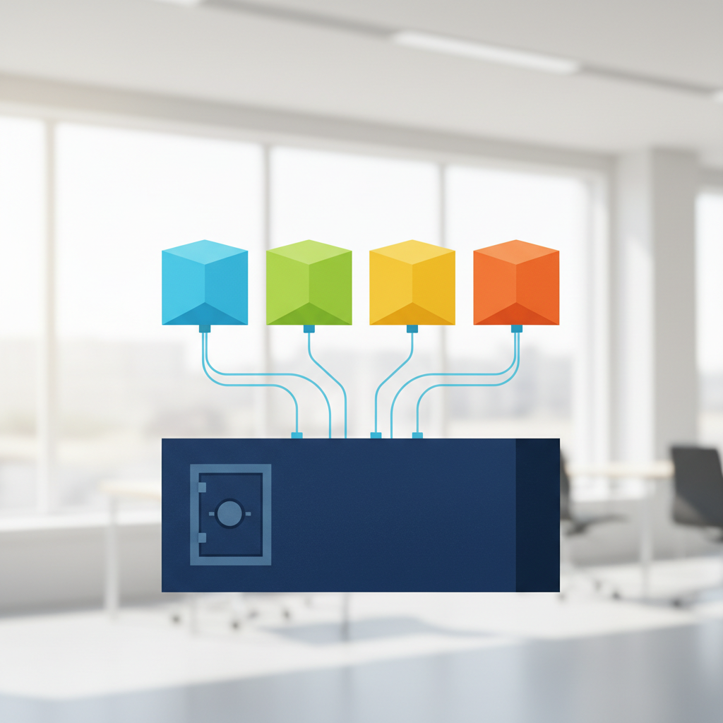 A clean architectural diagram illustration showing two distinct layers: the bottom layer is a solid, monolithic vault la