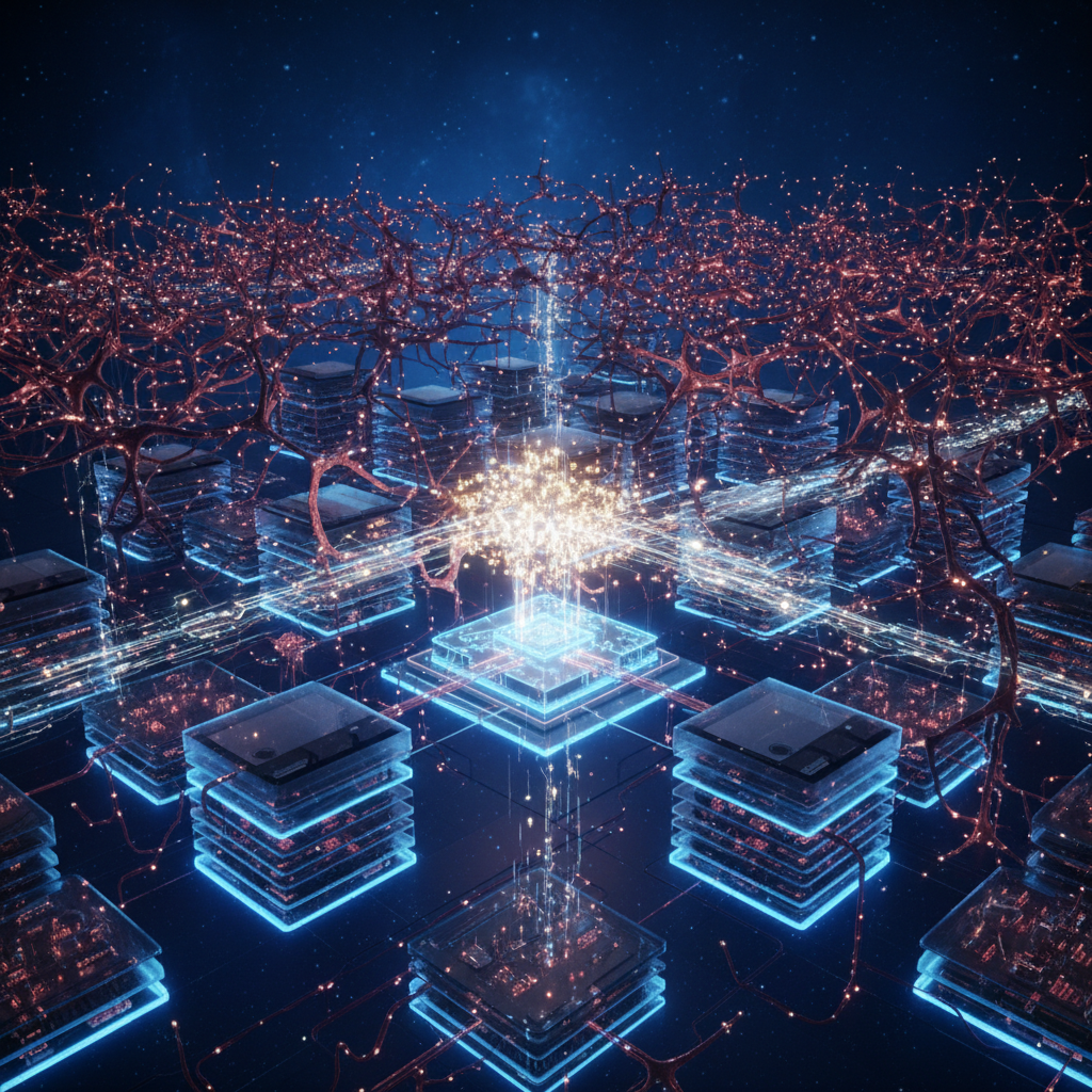 A dramatic visualization of a massive neural network with hundreds of billions of nodes, most of them dimmed and stored 