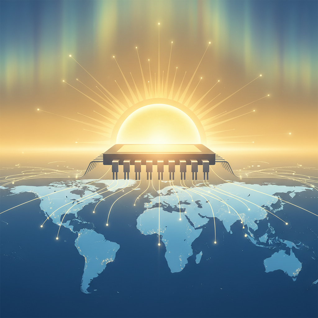 A hopeful and forward-looking illustration showing a semiconductor chip transforming into a rising sun over a global map