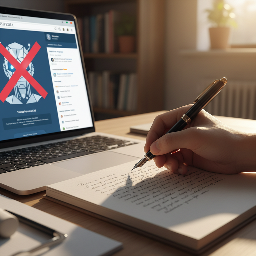 A photorealistic illustration of a human hand writing with a pen on paper next to a laptop screen showing Wikipedias int