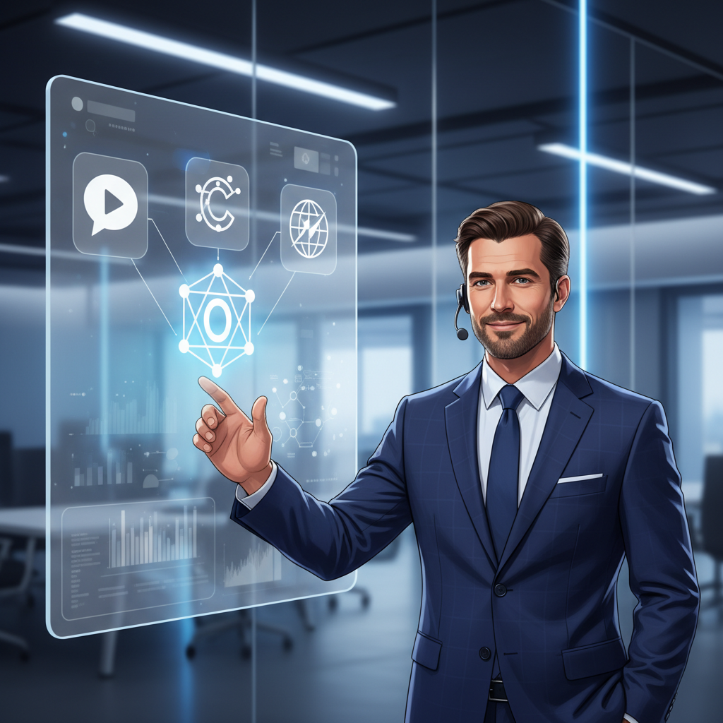 Portrait style illustration of a modern tech executive presenting a unified app strategy on a large screen, showing thre