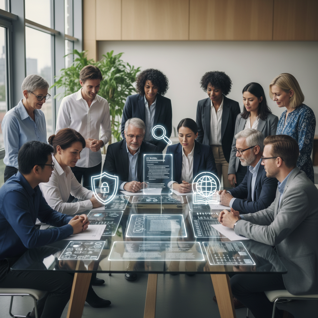 A professional illustration of a diverse group of developers and business executives gathered around a transparent glass