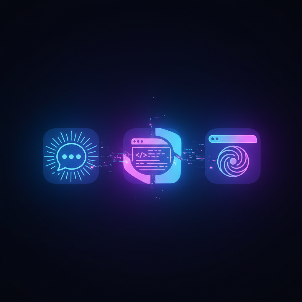 Three glowing app icons representing a chat bubble, a code terminal and a web browser, slowly merging into a single unif