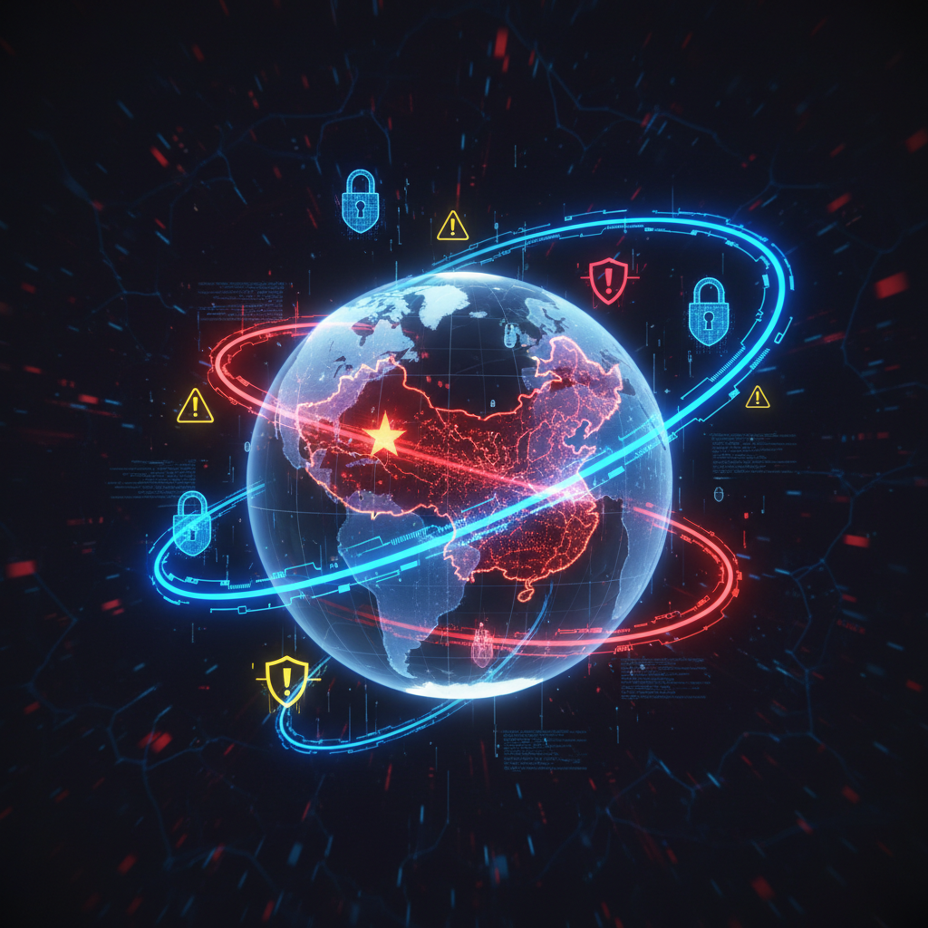 A dramatic digital illustration of a globe with data streams flowing between the United States and China, overlaid with 