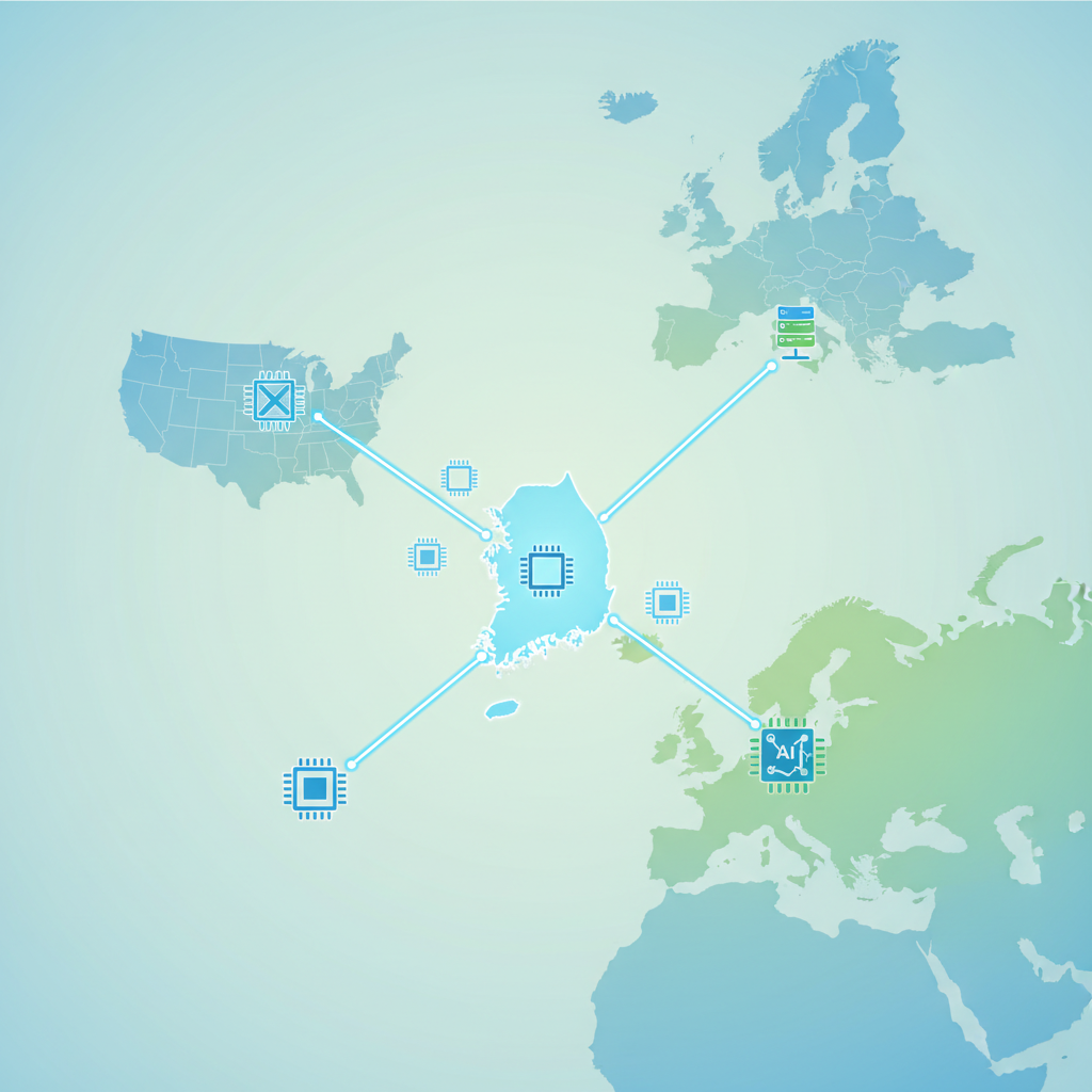 A clean infographic-style illustration showing the global semiconductor supply chain, with South Korea at the center con