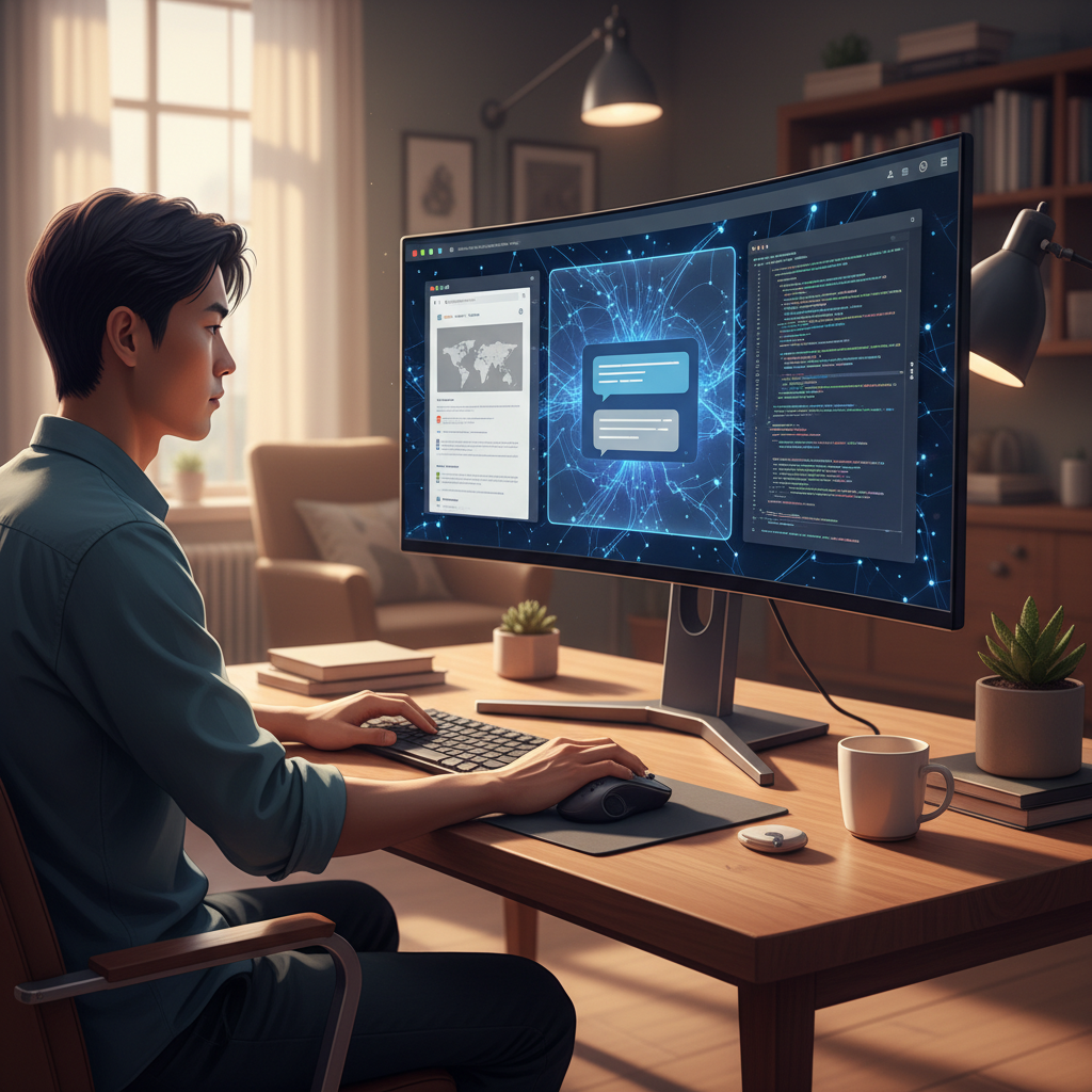 A person sitting at a modern desk using a single unified AI desktop application that shows a browser, a chat interface a