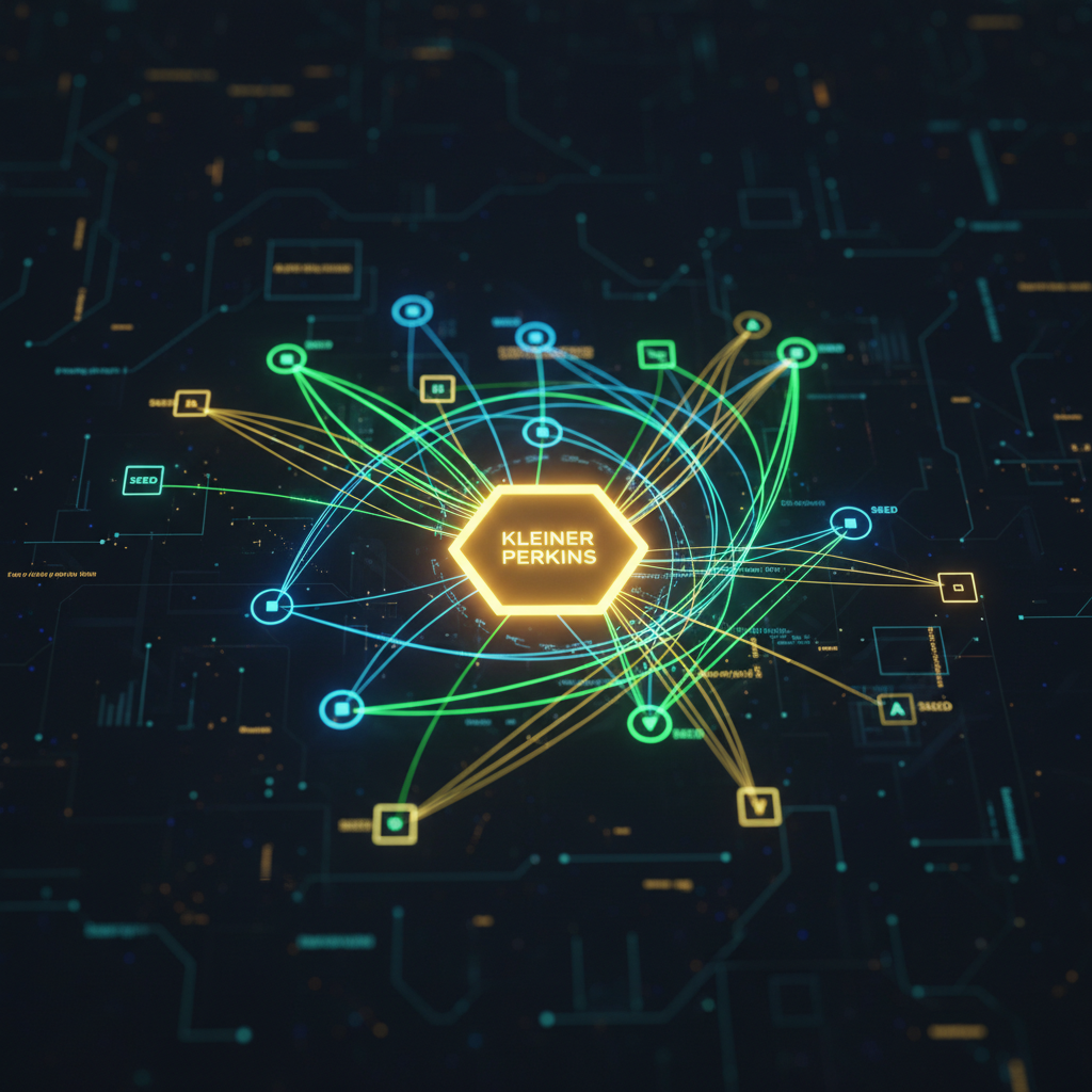 A sophisticated data visualization showing the AI investment ecosystem in 2026: a network graph with glowing nodes repre