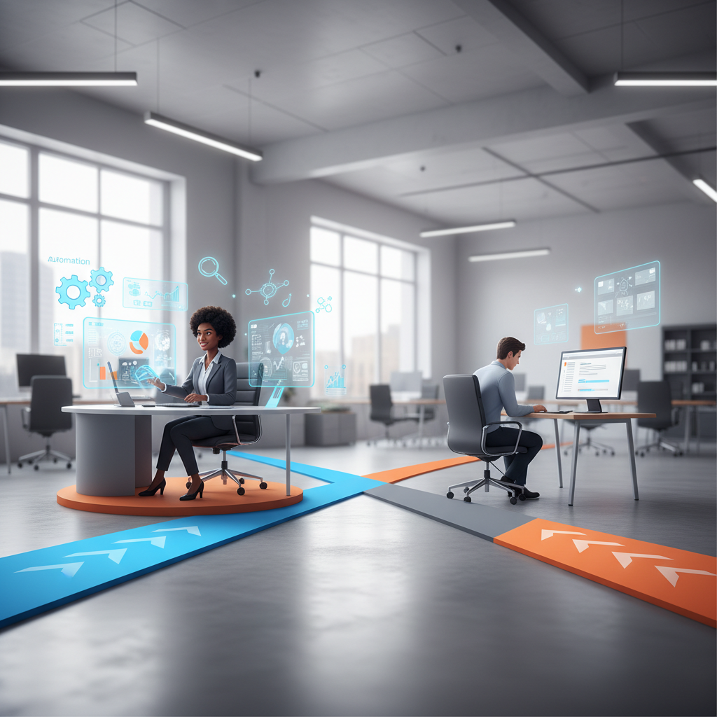 A detailed infographic-style illustration showing two diverging paths in a modern office setting. One path leads upward 