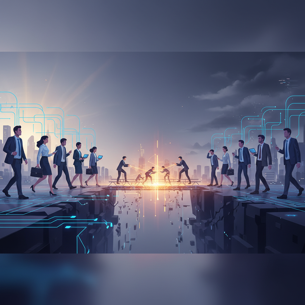 A powerful visual metaphor showing a corporate team standing at the edge of a widening digital divide. On one side, a gr