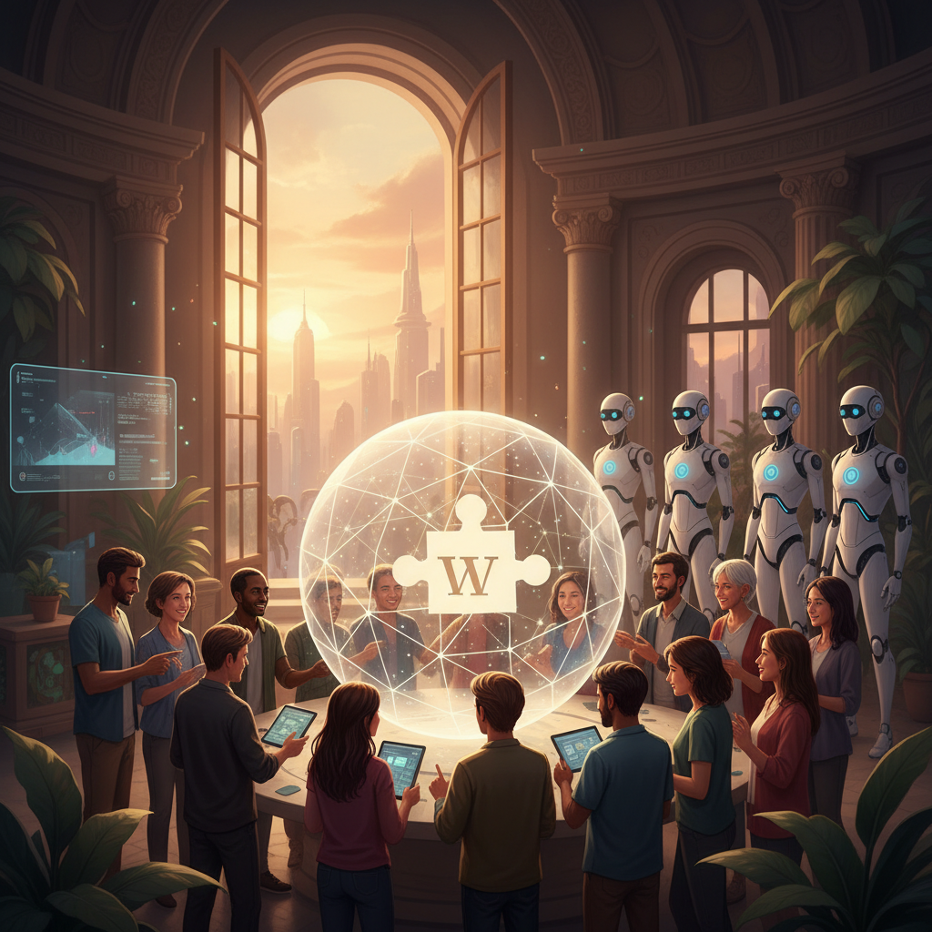 A powerful symbolic illustration of a diverse group of human contributors from around the world collaborating around a g