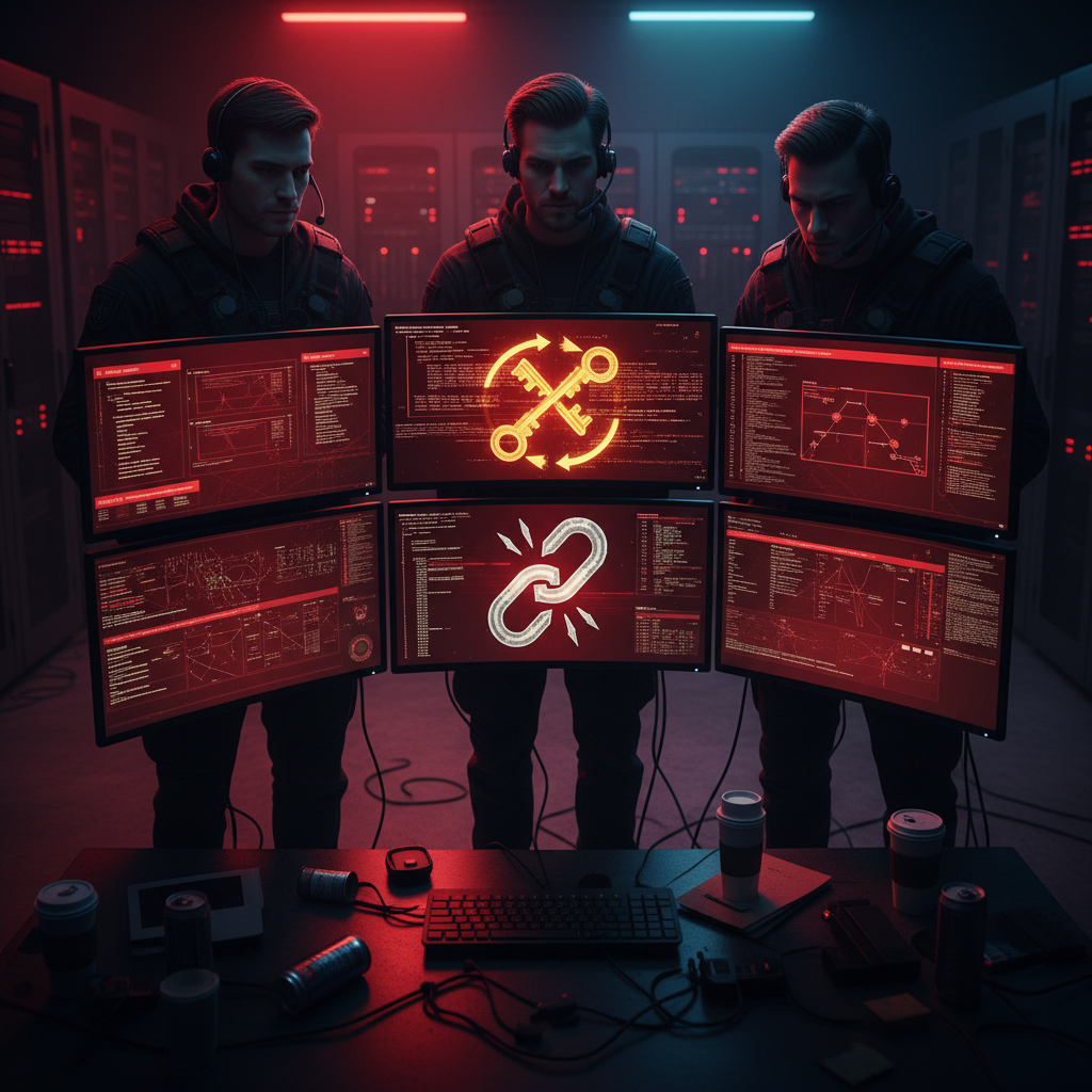 A cybersecurity incident response team working urgently at multiple monitors showing red alerts, rotating encryption key