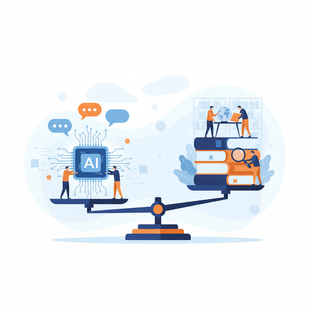 A detailed infographic-style illustration showing a balance scale, on one side a glowing AI chip with text bubbles, on t