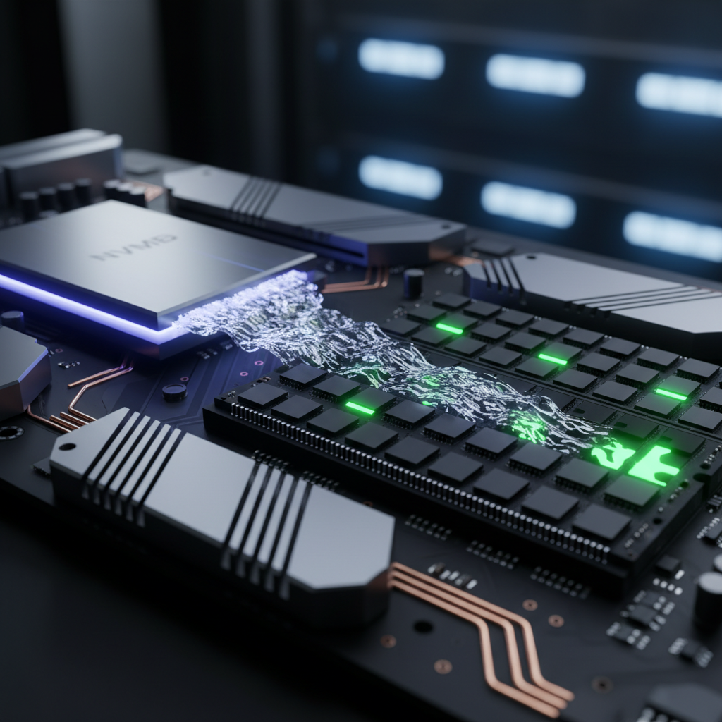 A close-up illustration of data flowing like a liquid stream from a glowing NVMe SSD drive into RAM memory chips on a mo