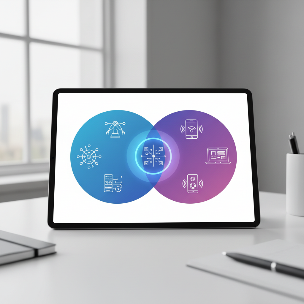 A detailed infographic-style illustration showing two overlapping circles (Venn diagram): one labeled AI theoretical cap