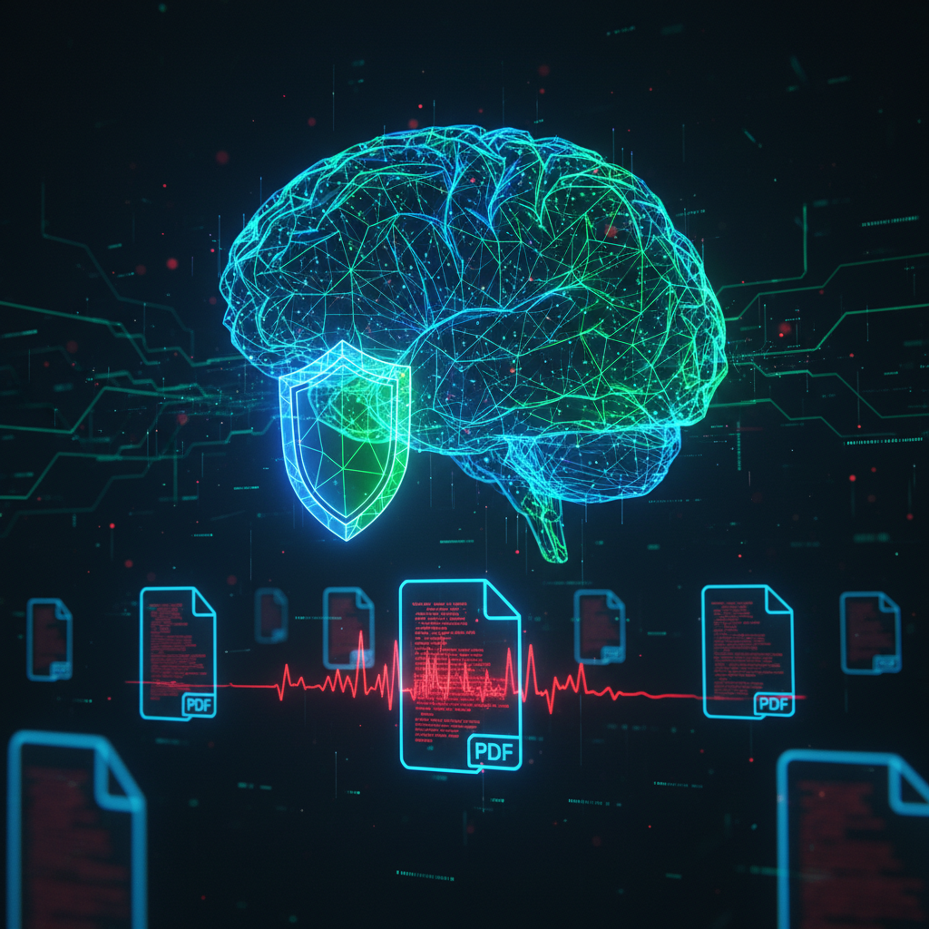 A futuristic digital illustration of an AI brain made of glowing neural networks scanning and analyzing PDF documents, d