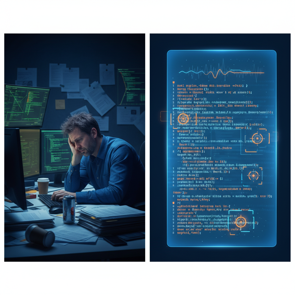 A split-screen illustration: on the left, a human security researcher surrounded by papers, multiple monitors showing co