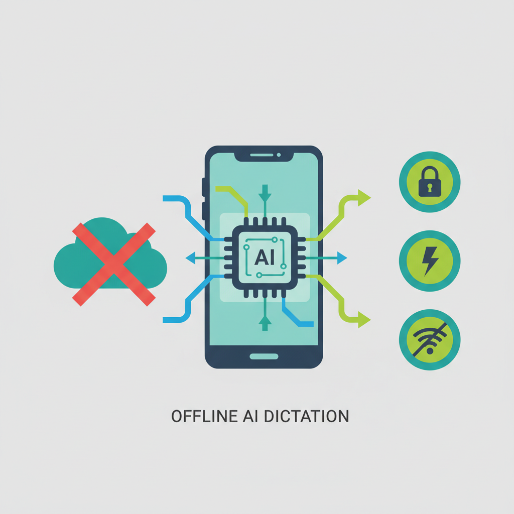 An infographic-style illustration showing a smartphone with AI processing happening inside the device chip, contrasted w