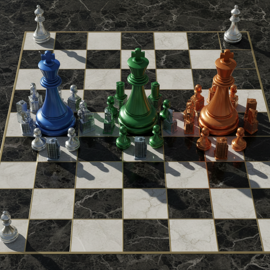 A stylized chessboard viewed from above, with three massive chess kings dominating the board — each king wearing a diffe