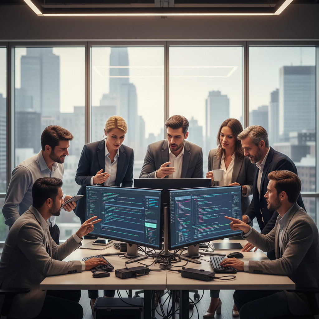 A professional corporate setting showing diverse software development team members collaborating around large monitors d