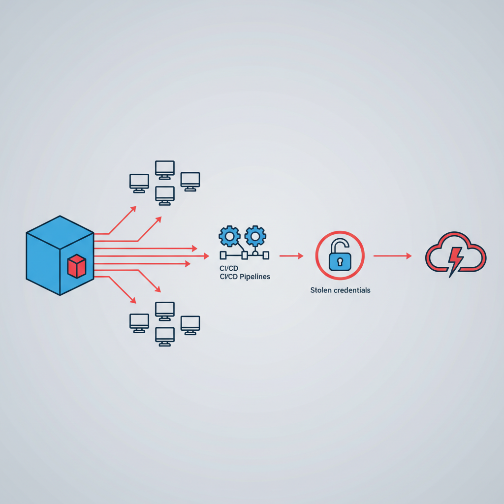 A detailed technical diagram showing a supply chain attack flow: a legitimate npm package box labeled Axios with a hidde