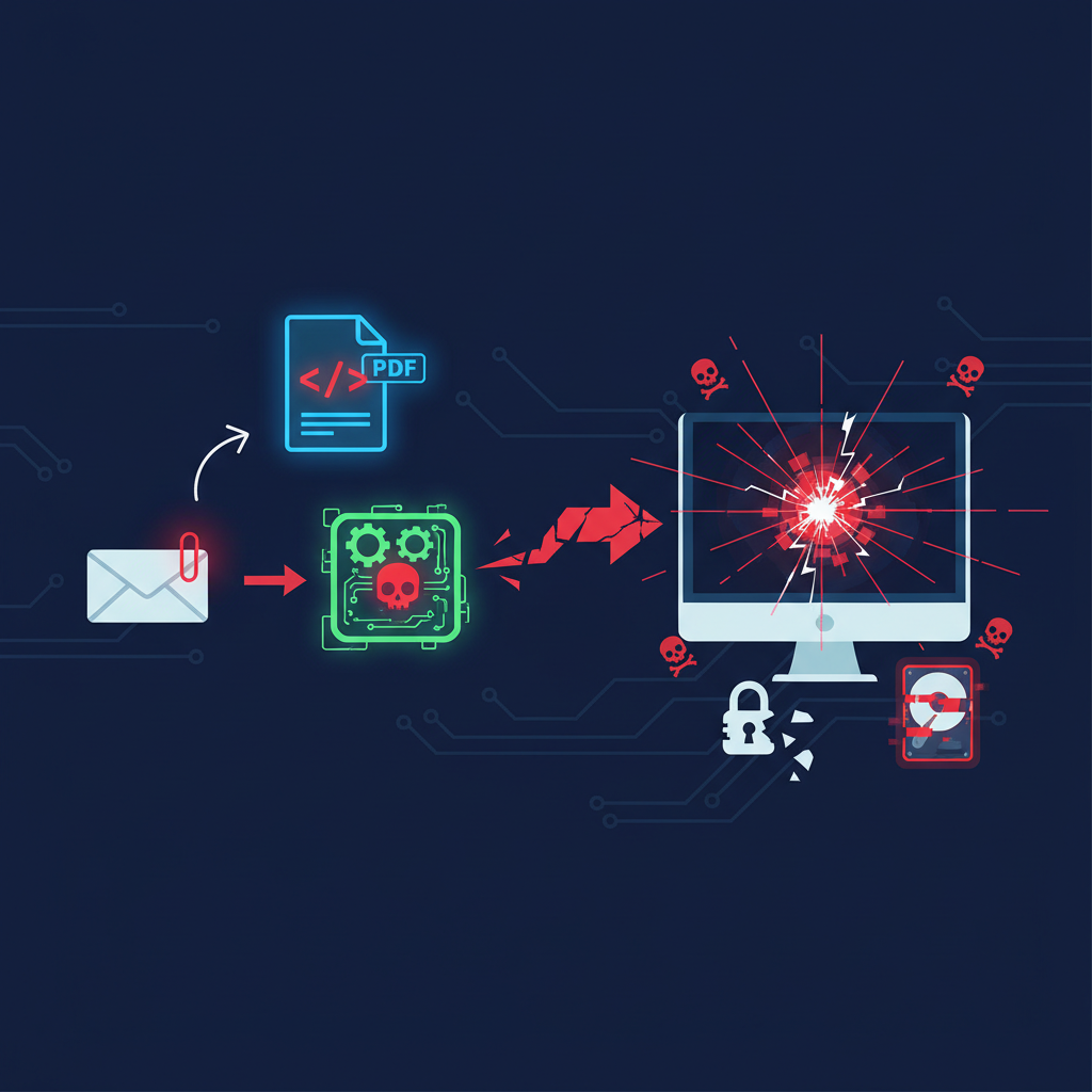An infographic-style digital illustration showing the step-by-step process of a PDF cyberattack: email with attachment, 