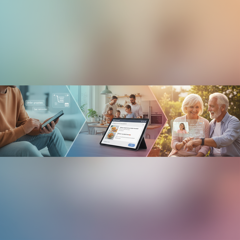 A futuristic yet warm vision of everyday life where AI agents are seamlessly integrated into daily routines through simp