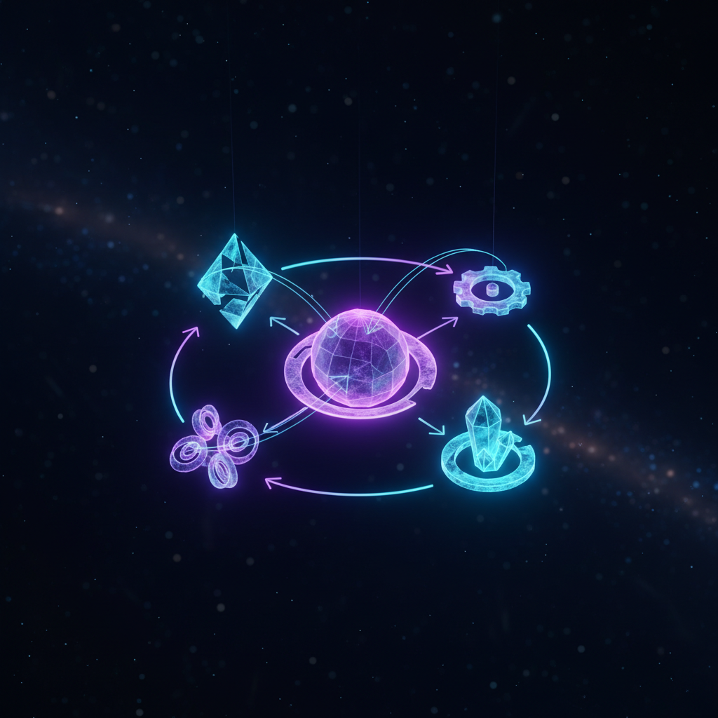 A detailed workflow diagram floating in 3D space showing 5 interconnected stages of agentic development: Vision, Milesto