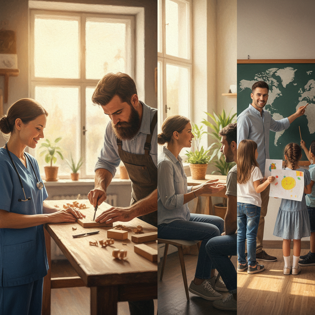 A warm illustration of human professionals in various roles: a nurse caring for a patient, a craftsman working with his 