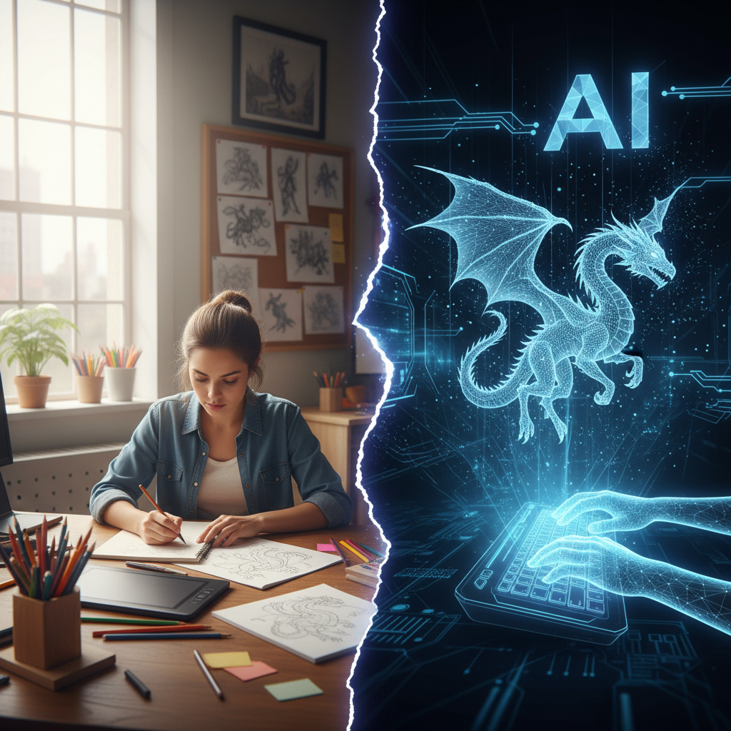 A dramatic split-screen digital artwork showing on one side a traditional game developer hand-drawing concept art, and o