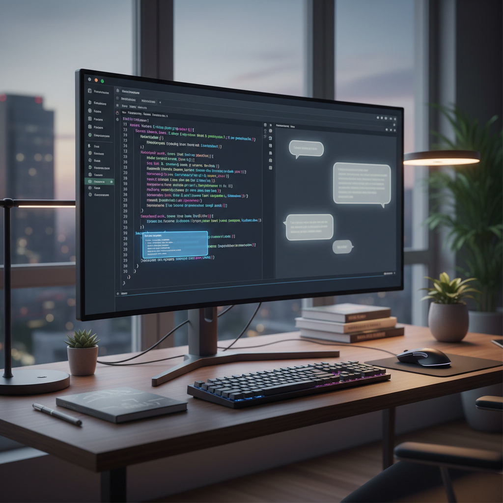A sleek modern code editor interface on a dark screen showing AI-powered code suggestions and chat bubbles with natural 