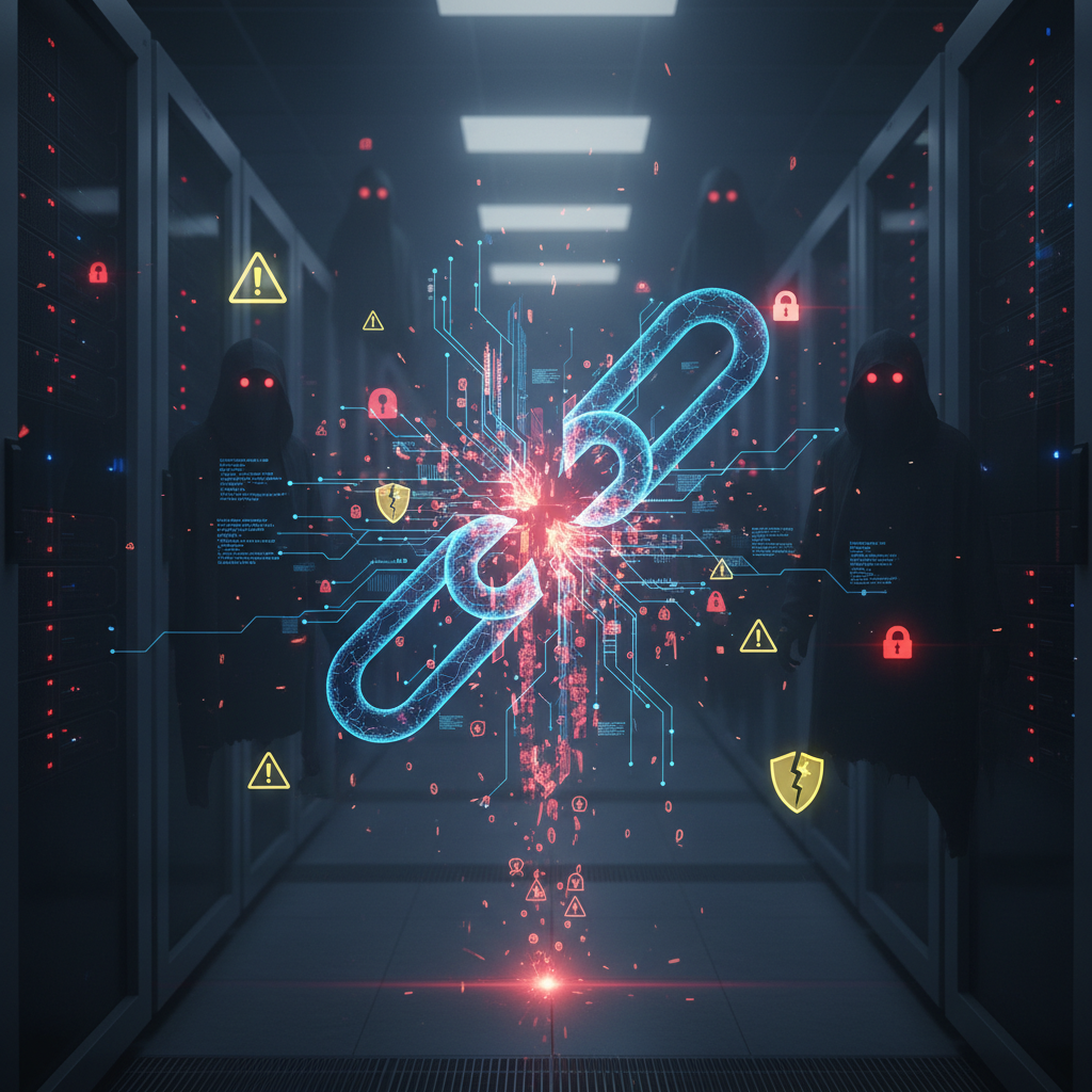 A dramatic digital illustration showing a broken chain link in a supply chain of AI data flow, with data packets leaking