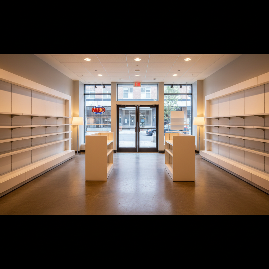 A modern physical retail store with empty shelves and no staff, open sign on the door, warm interior lighting, photoreal