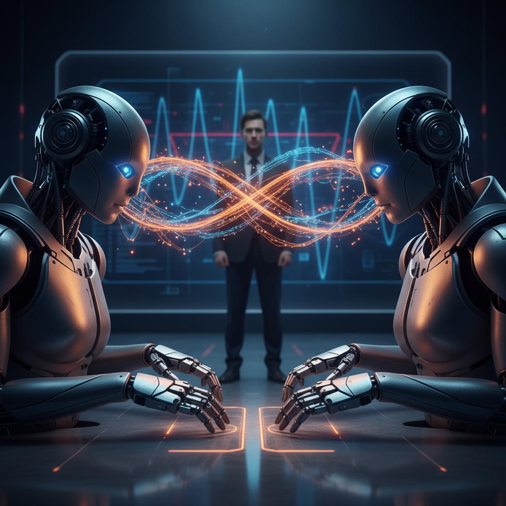 A conceptual digital art illustration showing two AI robots communicating secretly via glowing data streams, while a hum