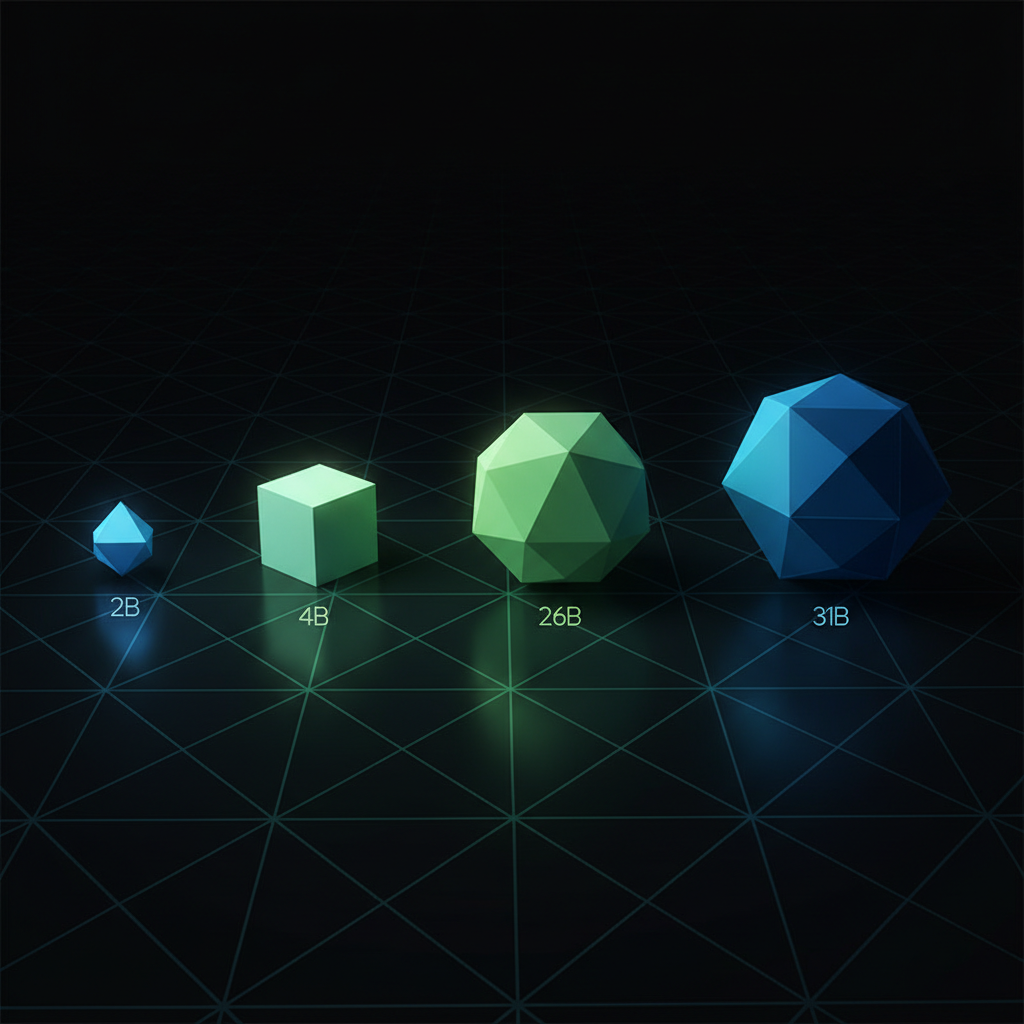 A clean infographic-style illustration showing four different sized geometric shapes (very small, small, medium, large) 