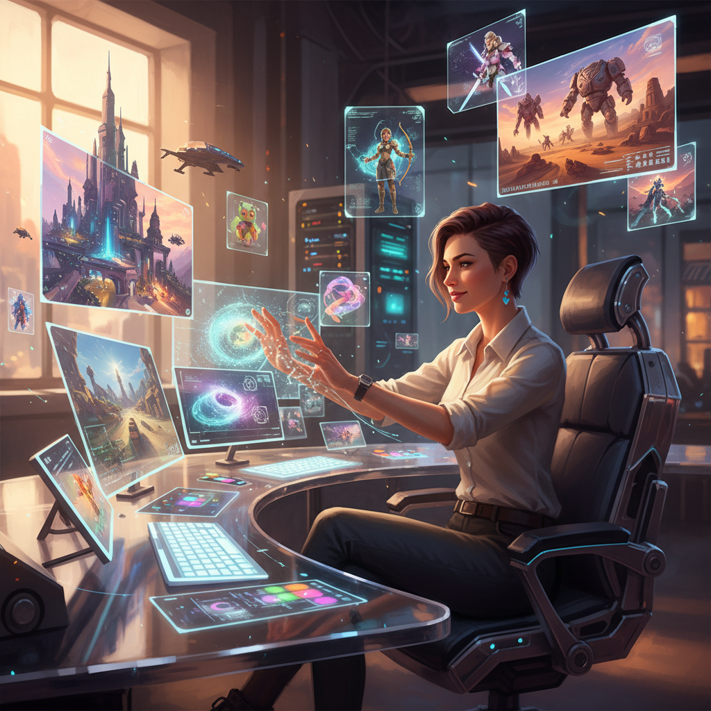 A game designer sitting at a futuristic workstation, surrounded by AI-generated holographic game worlds, characters, and