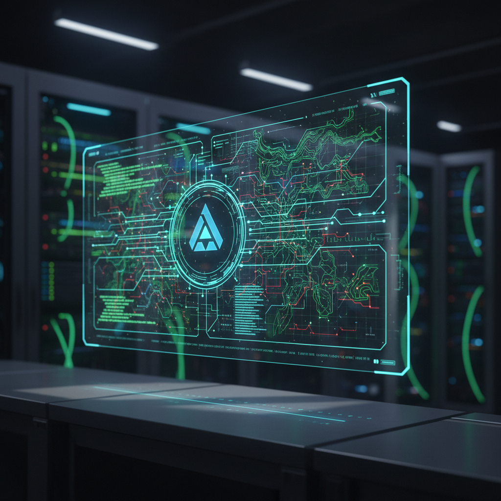 A sleek, futuristic AI model interface displayed on a holographic screen, showing code analysis and network vulnerabilit