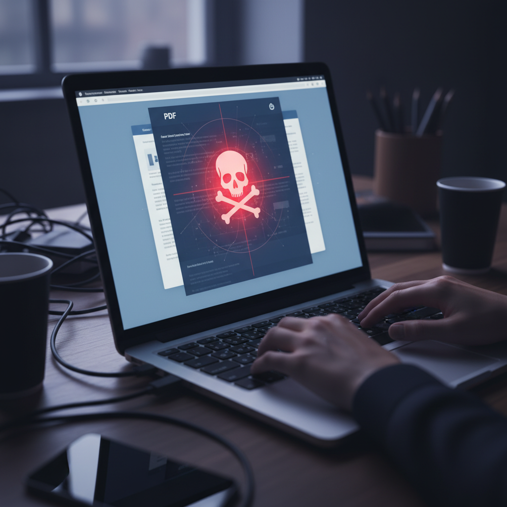 A photorealistic close-up of a laptop screen showing a PDF file being opened, with a hidden skull and crossbones symbol 
