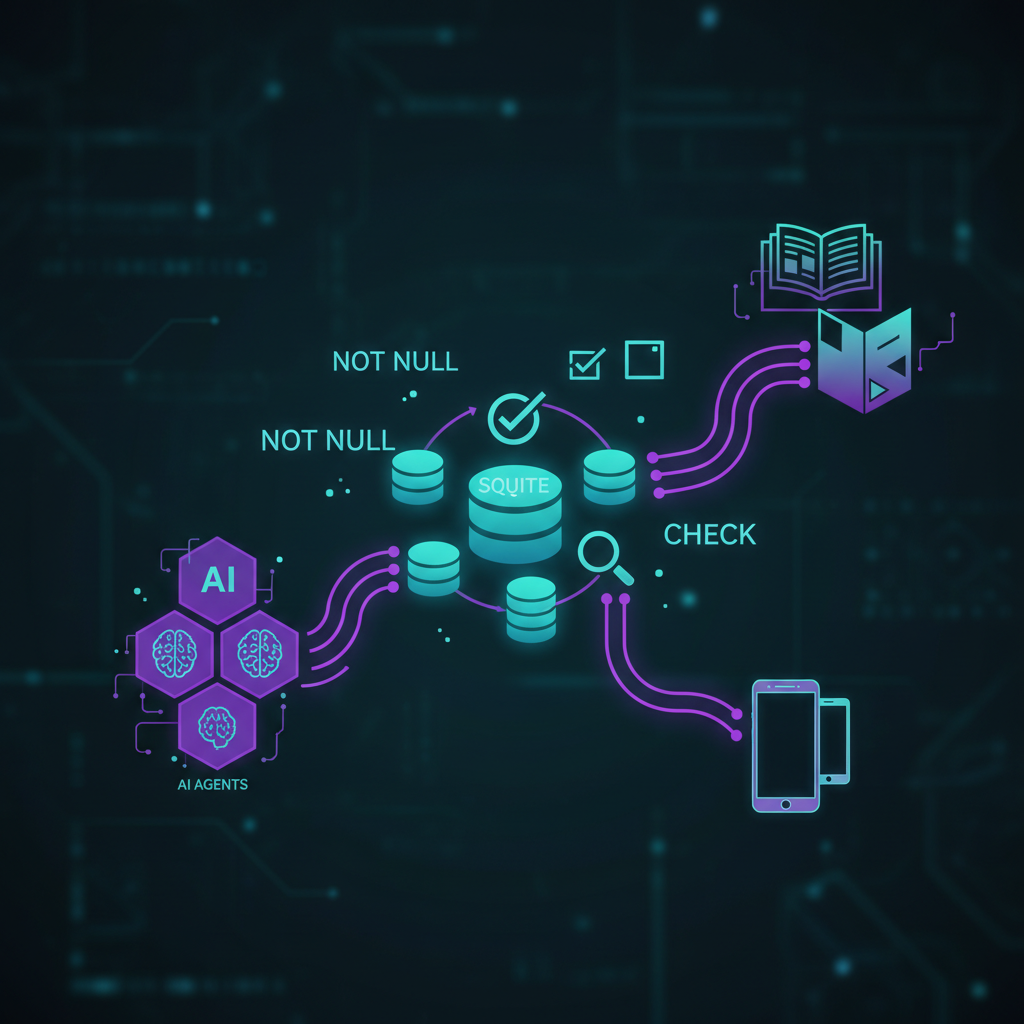 A futuristic data pipeline diagram showing SQLite database nodes connected to AI agent icons, data science notebooks, an