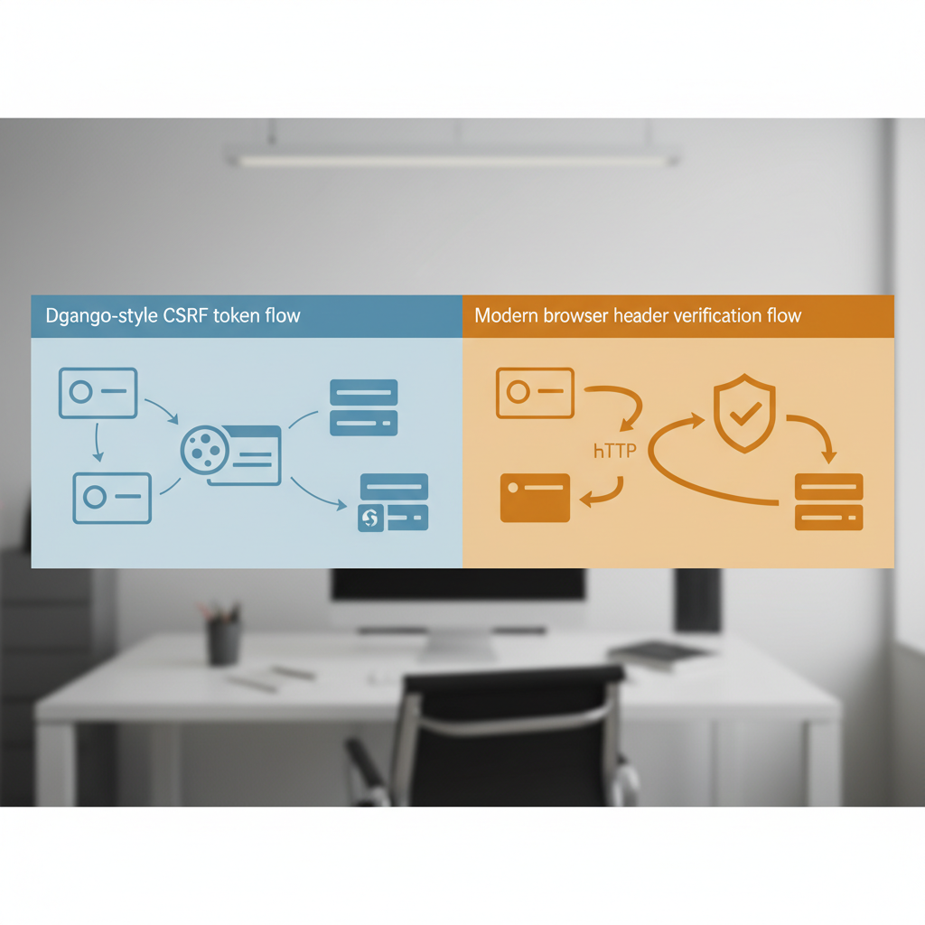 A split illustration showing two security approaches: on the left, a Django-style CSRF token flow with cookie icons and 