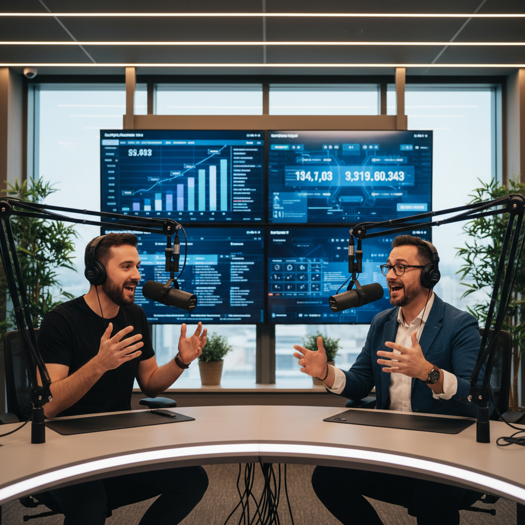Two charismatic tech podcast hosts sitting in a modern studio with multiple screens showing live viewer counts and tech 