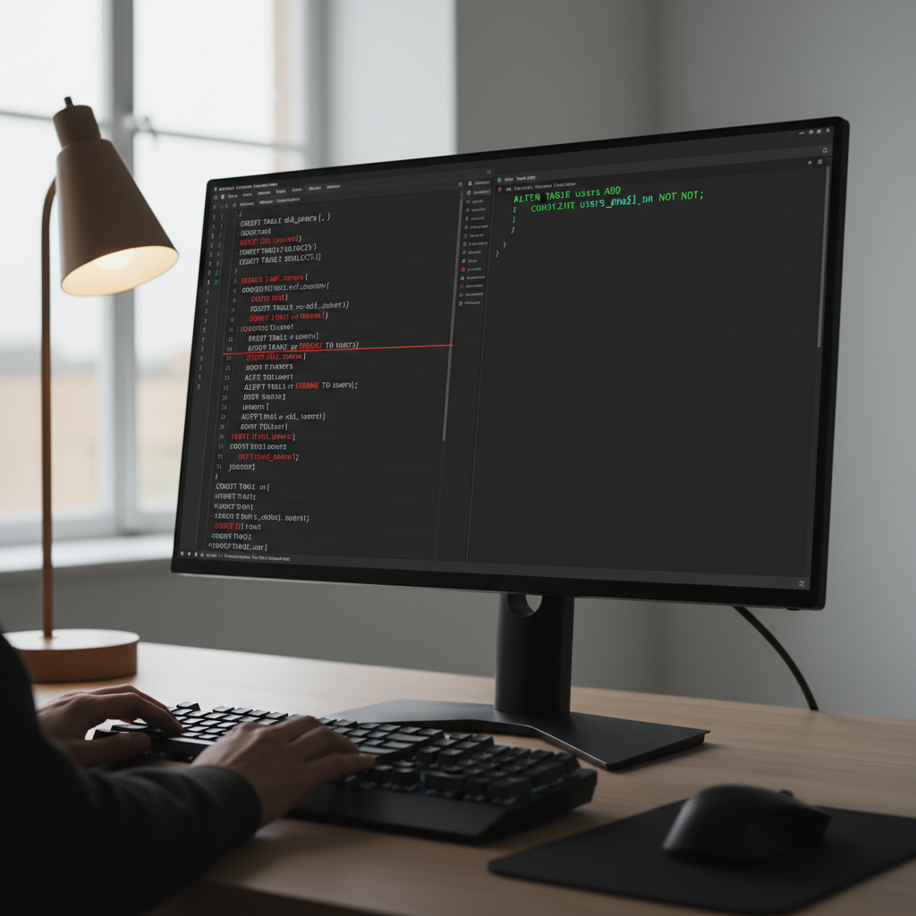 A split-screen code editor illustration: on the left, a complex multi-step SQL migration script with CREATE TABLE, INSER