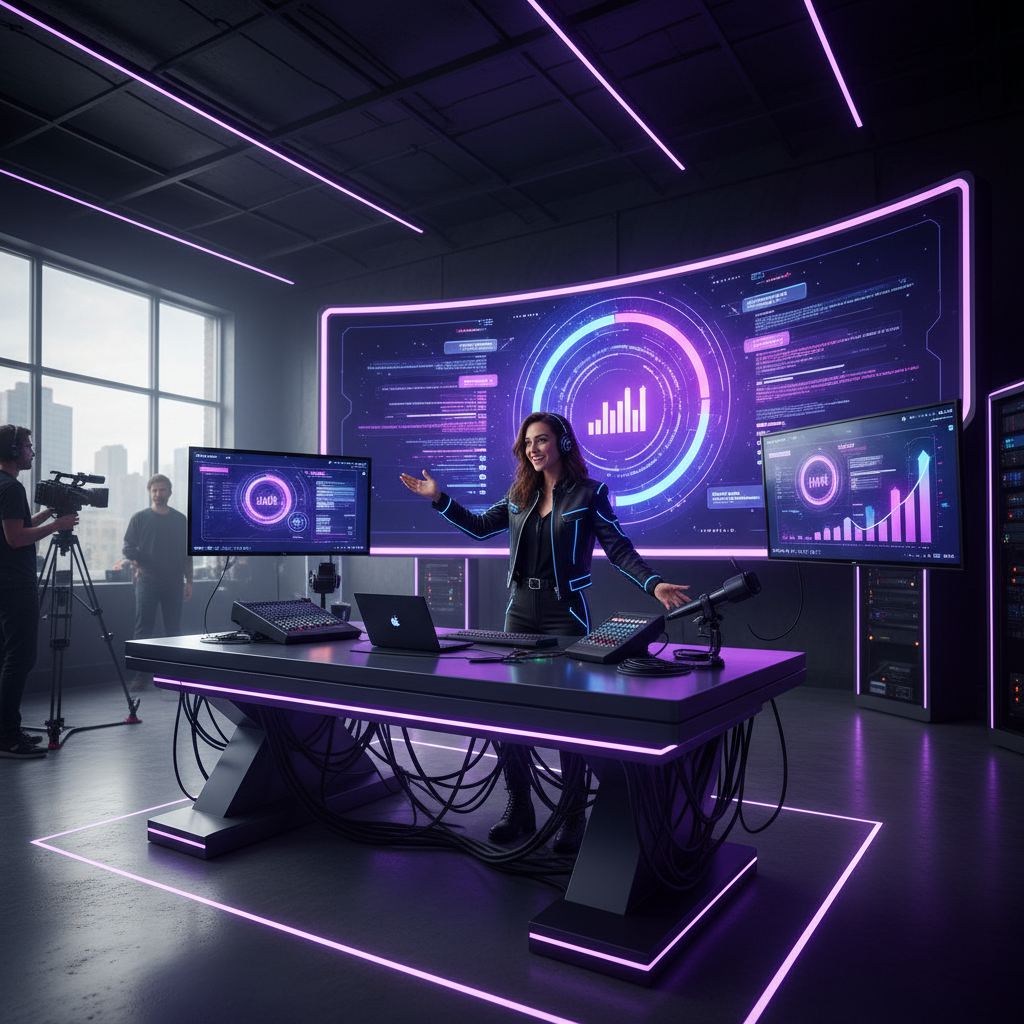 A dynamic live streaming setup with real-time viewer engagement metrics on screens, chat messages scrolling, a presenter