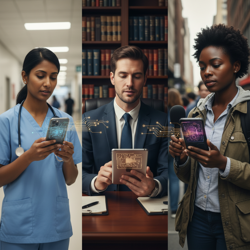 A futuristic illustration showing multiple professionals in different environments (doctor in hospital, lawyer in office