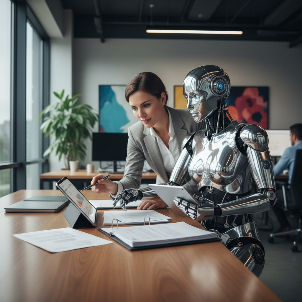 A human manager and an AI robot collaborating at a desk, reviewing documents together, modern office environment, profes